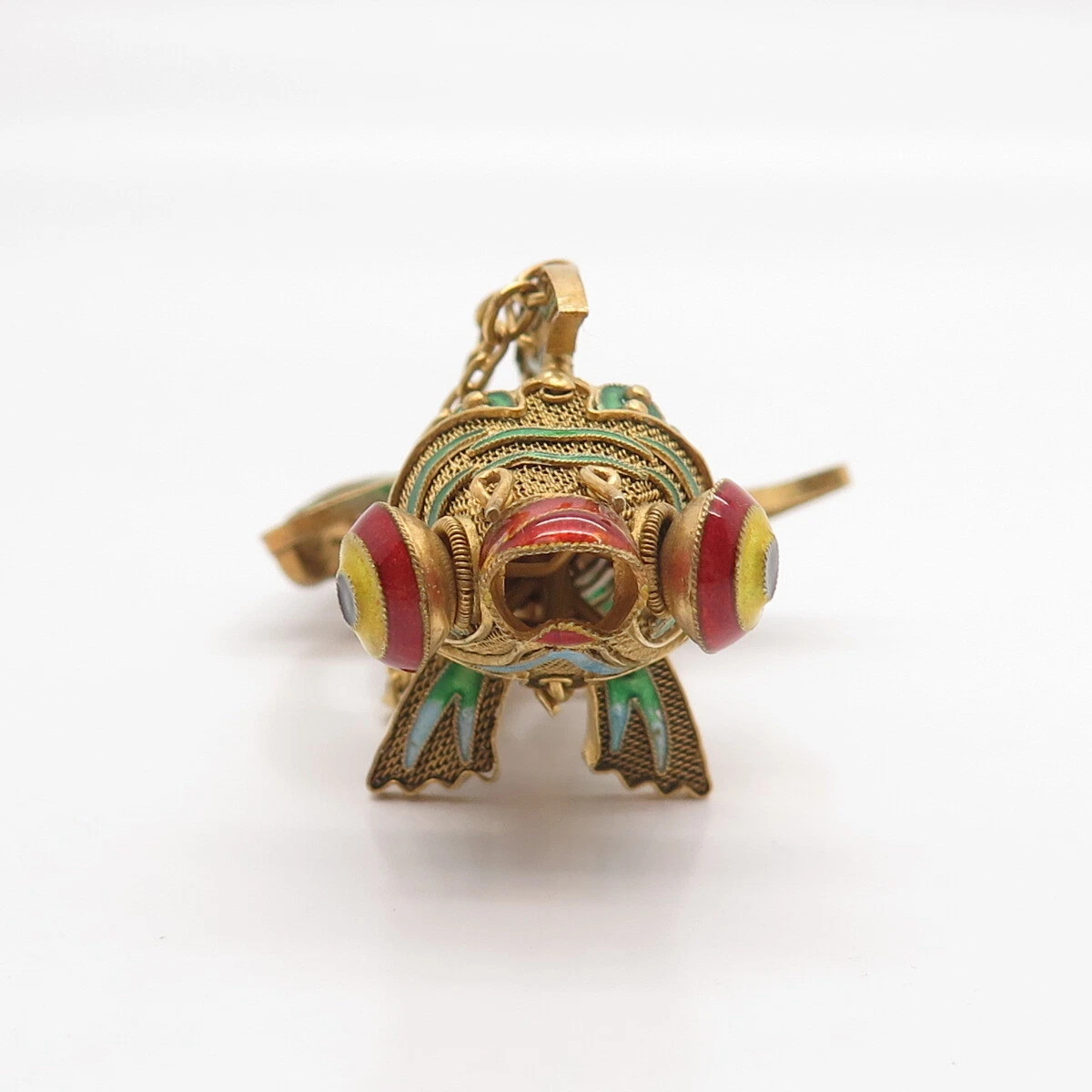 925 Sterling Silver Gold Plated Enamel Antique Chinese Koi Fish Chatelaine Fob