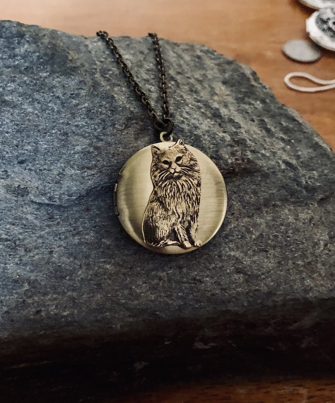 Vtg Cat Locket Necklace, Antique Brass, Photos, Ashes, Memorial Keepsake Pendant