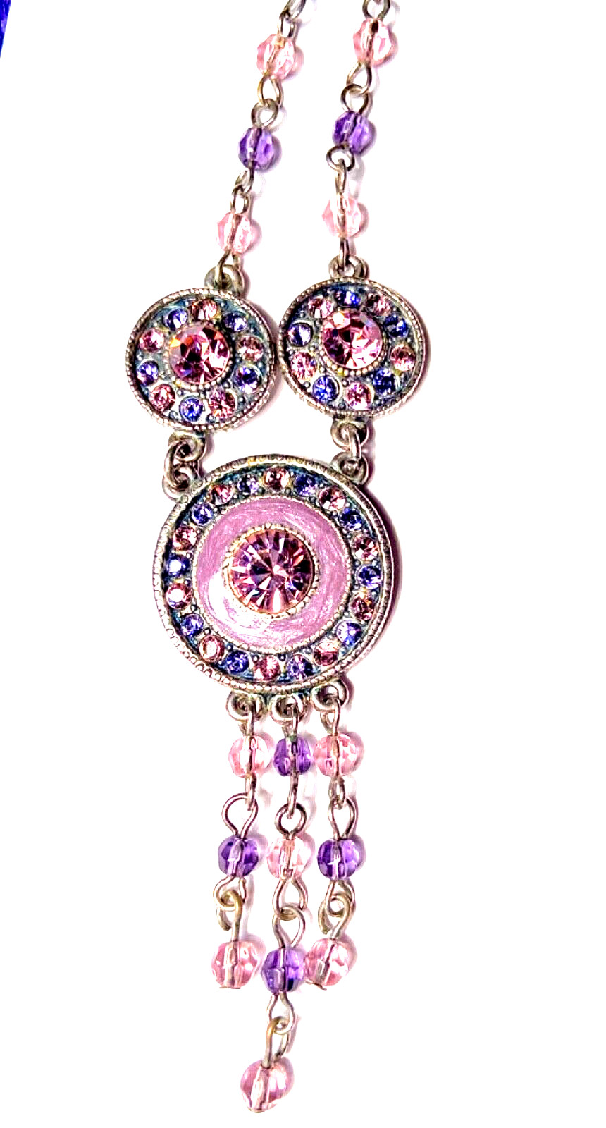 VINTAGE🇺🇸1928 FAIRY FANTASY PURPLE+PINK AUSTRIAN CRYST+ENAMEL NECKLACE VG+✨VTG