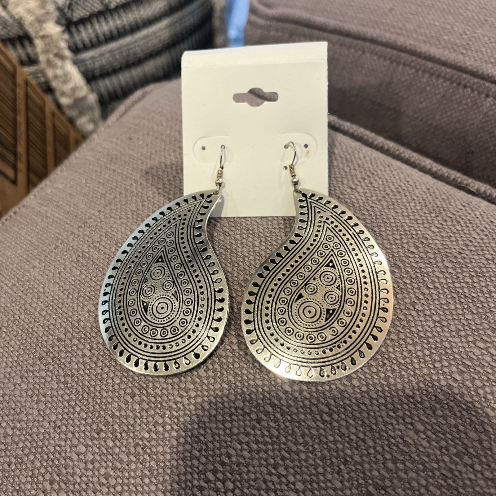 Large Pierced Earrings Dangle Drop Silver Tone Textured Round Hook