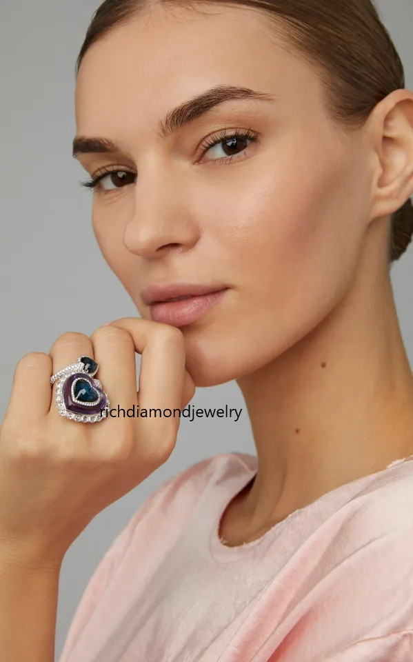 Gorgeous 23.50ct Amethyst, Sapphire, And Diamond Stone Ring With Pure 925 Silver