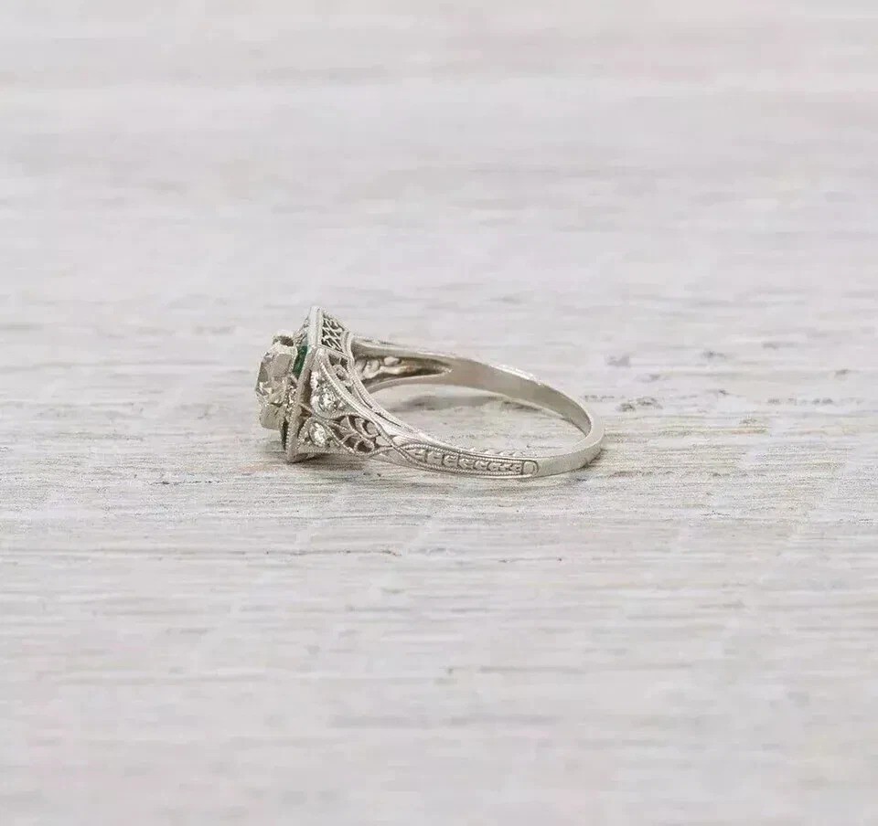 2Ct Art Deco Vintage Style Lab Created Diamond & Emerald 14K White Gold FN Ring