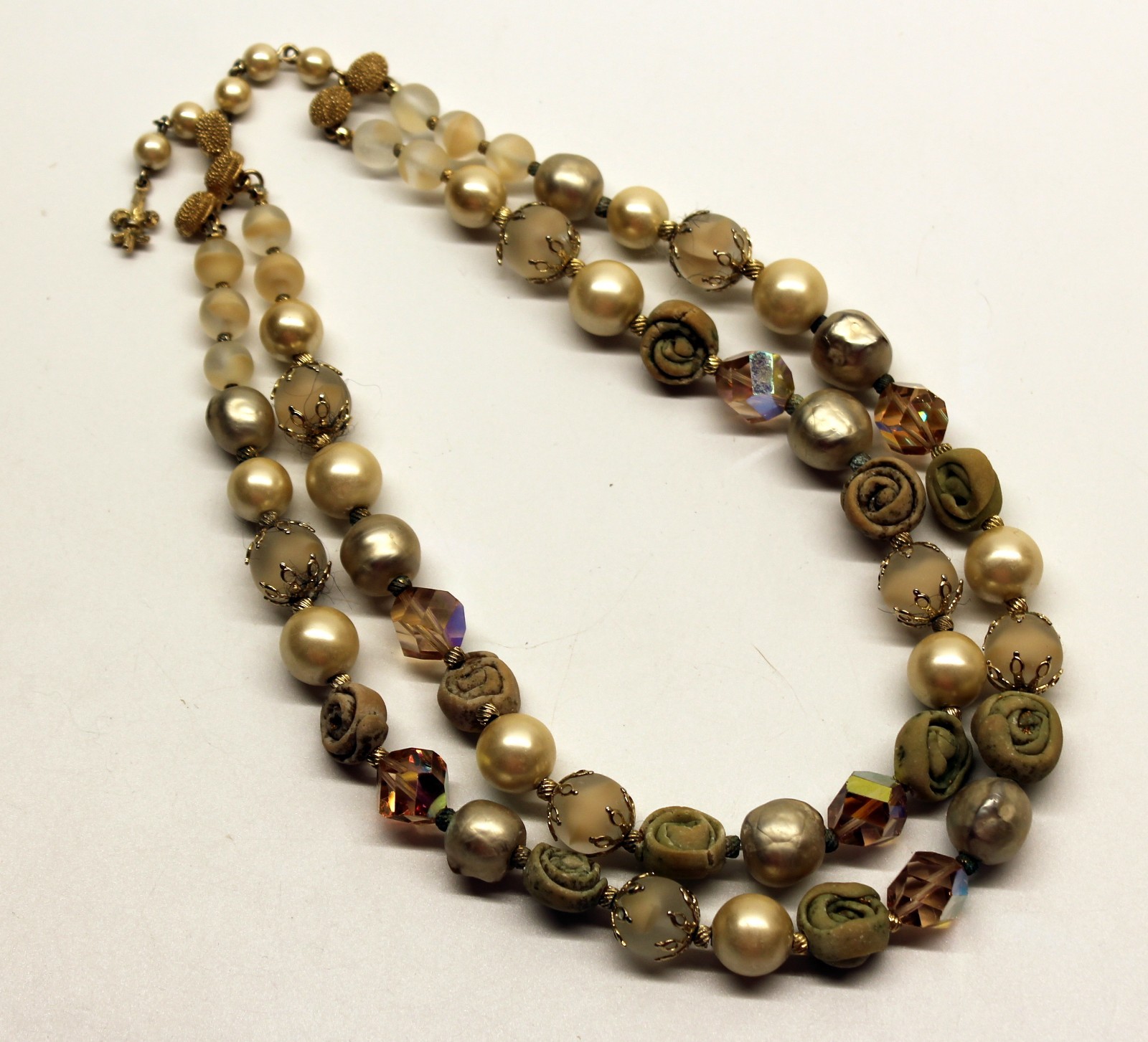Vtg Vendome Double Strand Mixed Beads Necklace Bicone Polymer Frosted Faux Pearl