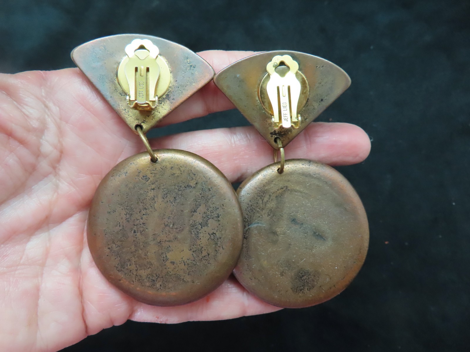 Vintage Designer Jeff Lieb Oversize Antique Bronze Clip Earrings