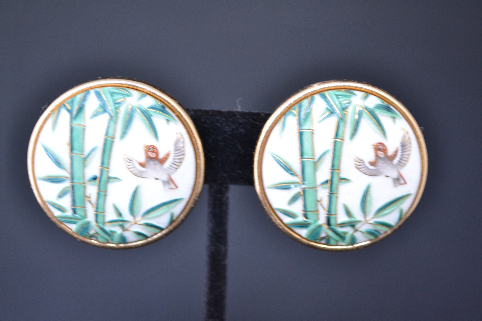 Toshikane Arita Japan porcelain Bamboo clip on earrings vintage bird vintage VGC