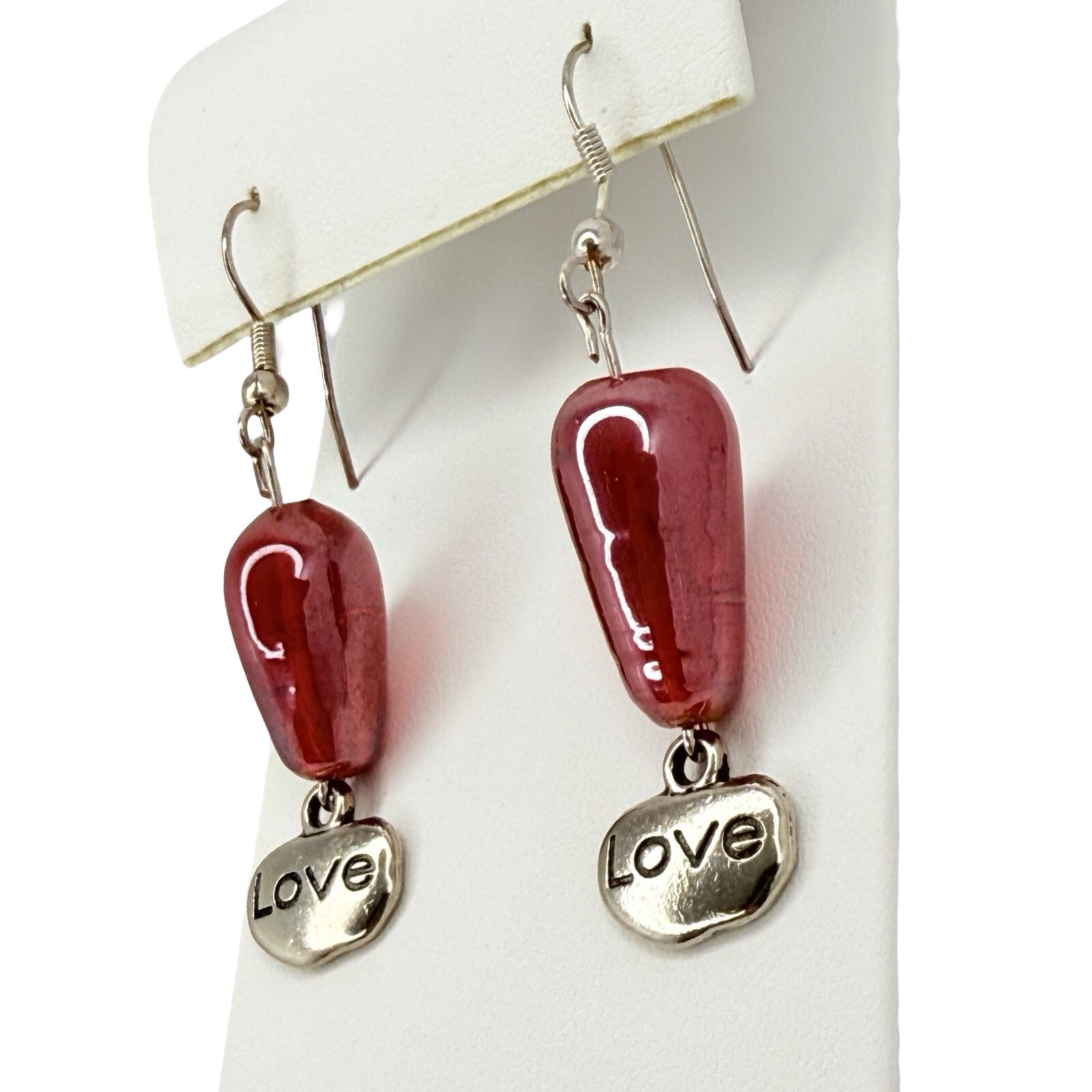 Red Earrings Art Glass Dangle 2” Beaded Love Charm Valentines Day