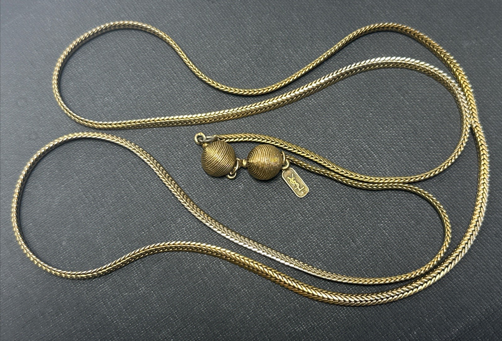 VTG Yves Saint Laurent Gold Tone Signed YSL Herringbone Chain Necklace