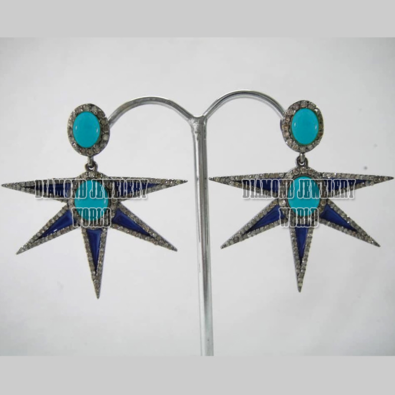 Vintage 1.95ctw Rose Cut Diamond Turquoise Enamel Silver Amazing Earring Jewelry