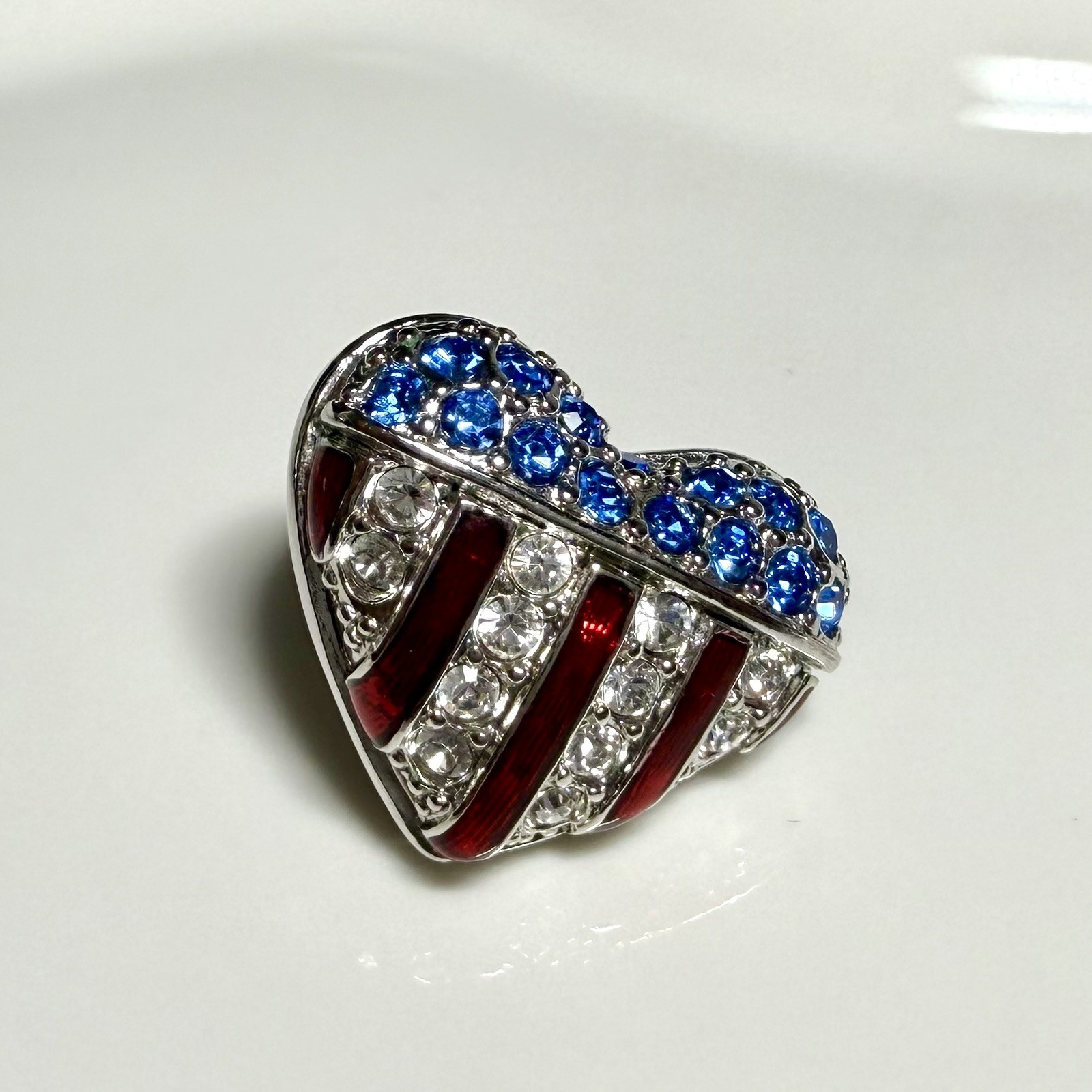 Swarovski American Flag Heart Pin Red White Blue Rhinestone Patriotic 0.8”