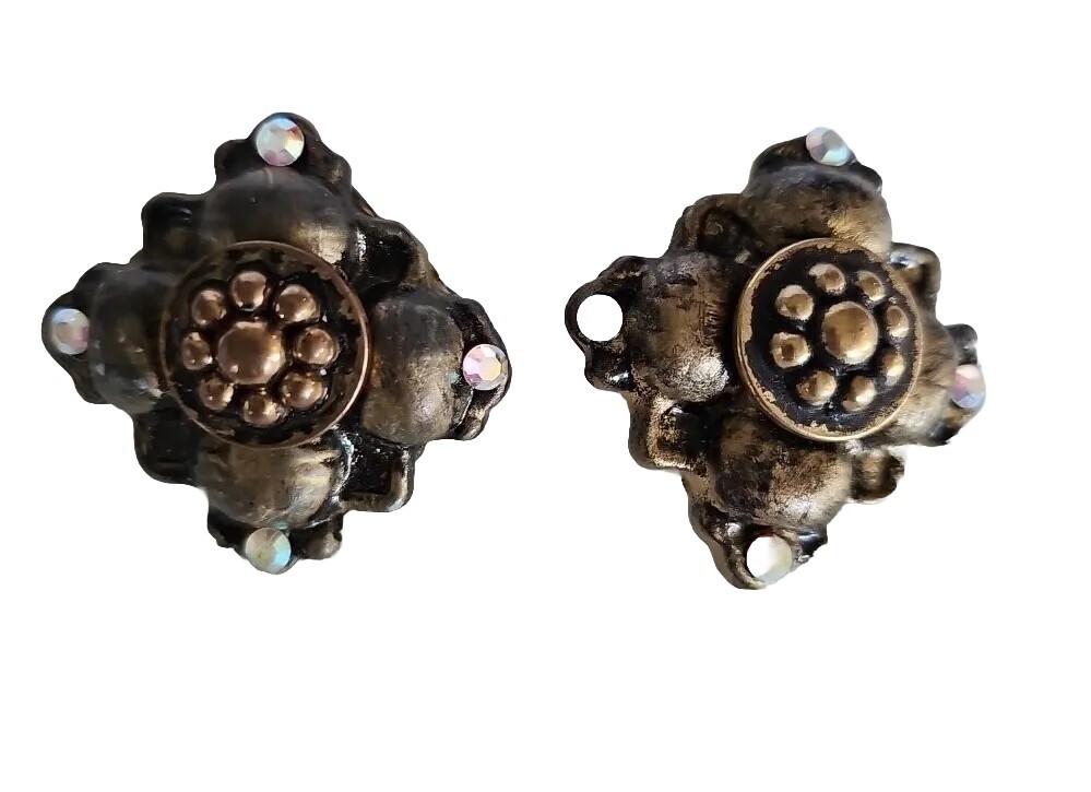 VTG Jeff Lieb Clip Earrings Dark Gold Rhinestone One Of A Kind Custom Handmade