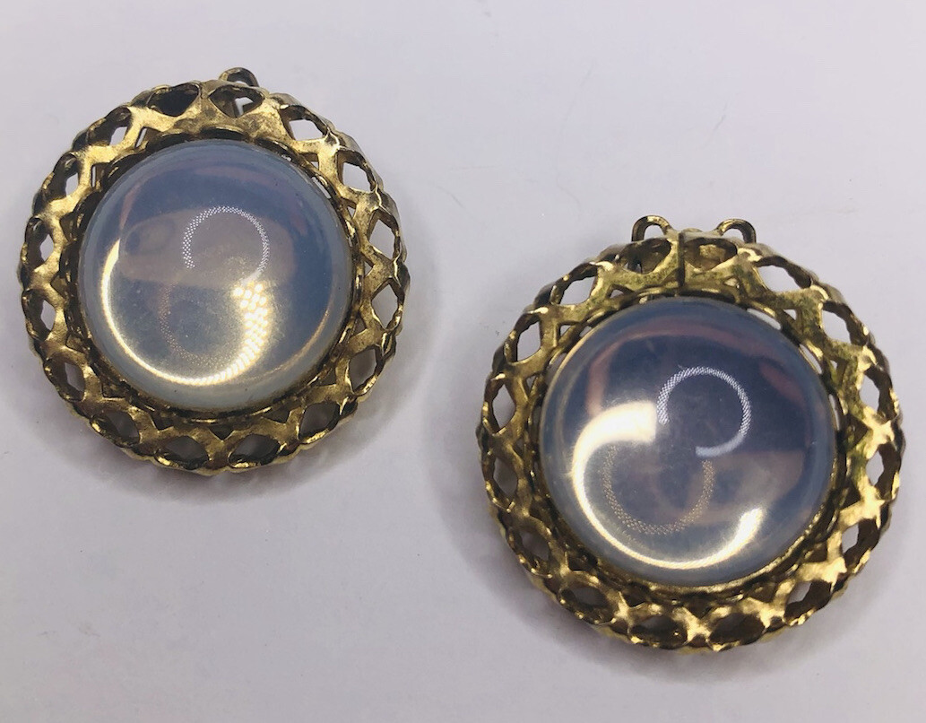 Vintage Moonstone Clip Earrings Gold Tone Metal Round Shape Hugs Lobe No Pinch