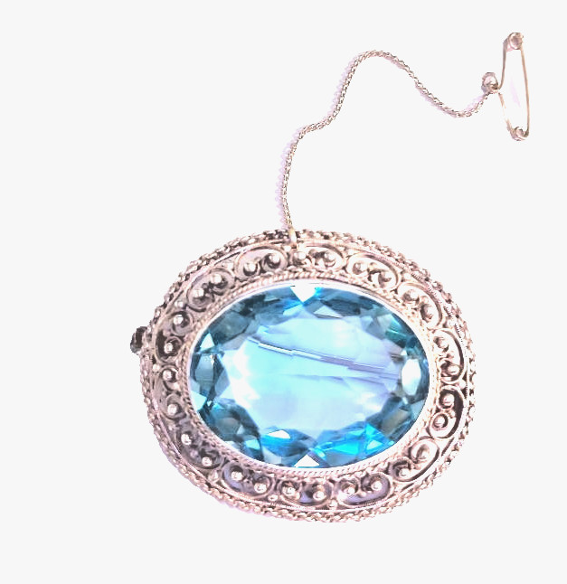 Vtg 1910-20;s Art Deco Sterling .925 Open Back Blue Zircon Brooch Pin Pendant