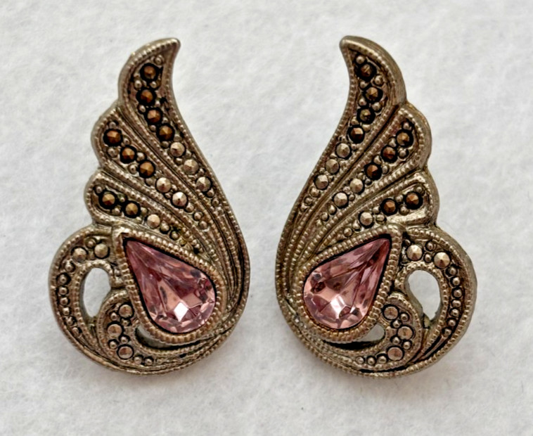 Vintage Pink Teardrop Earrings Marcasite Style Silver Tone