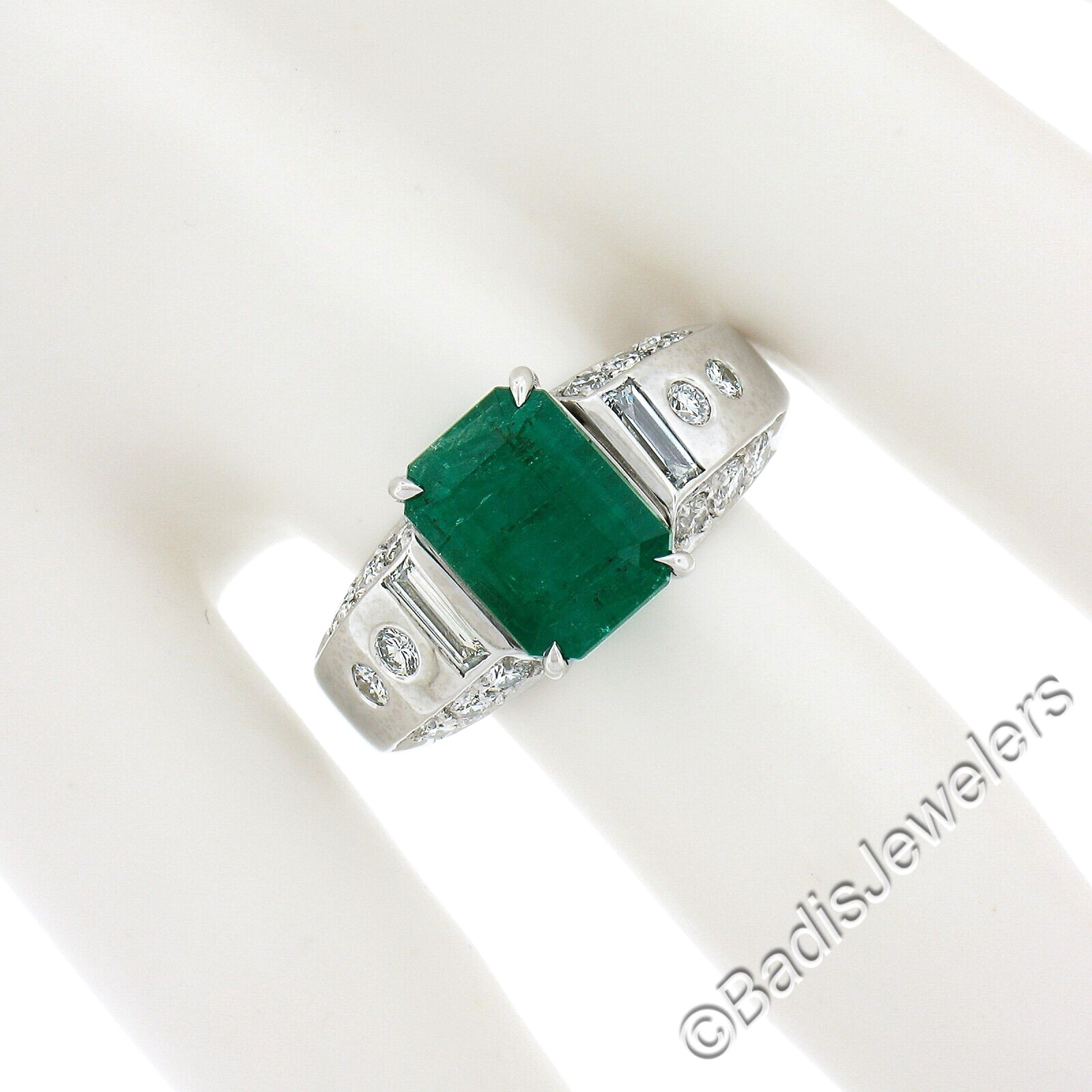 Platinum 3.67ctw GIA Octagonal Green Emerald w/ Baguette & Round Diamond Ring
