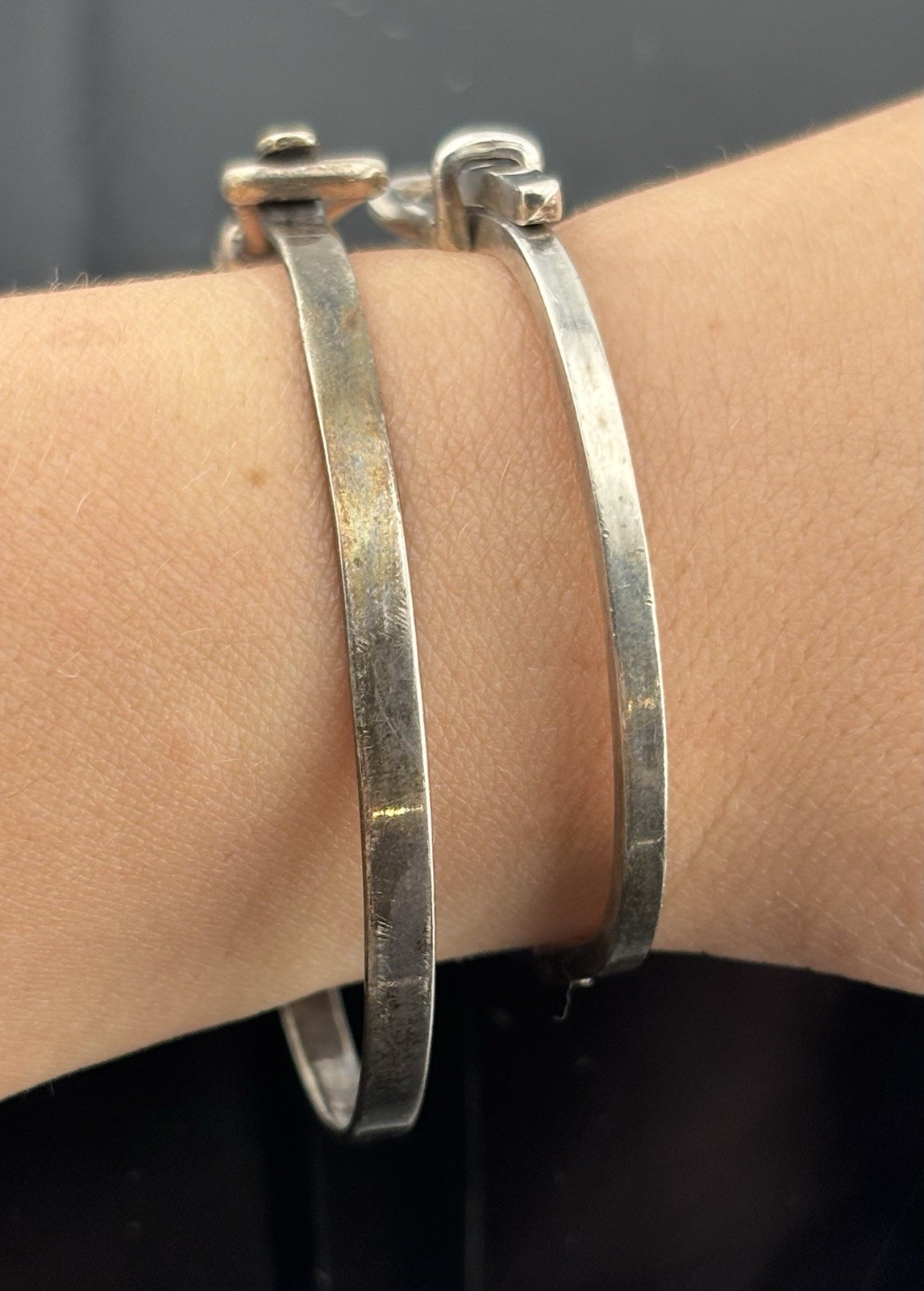 Estate Sterling Silver Bangle Lot x 2 Adjustable & Hook Closure – 6.5″ 6.75″ 21g