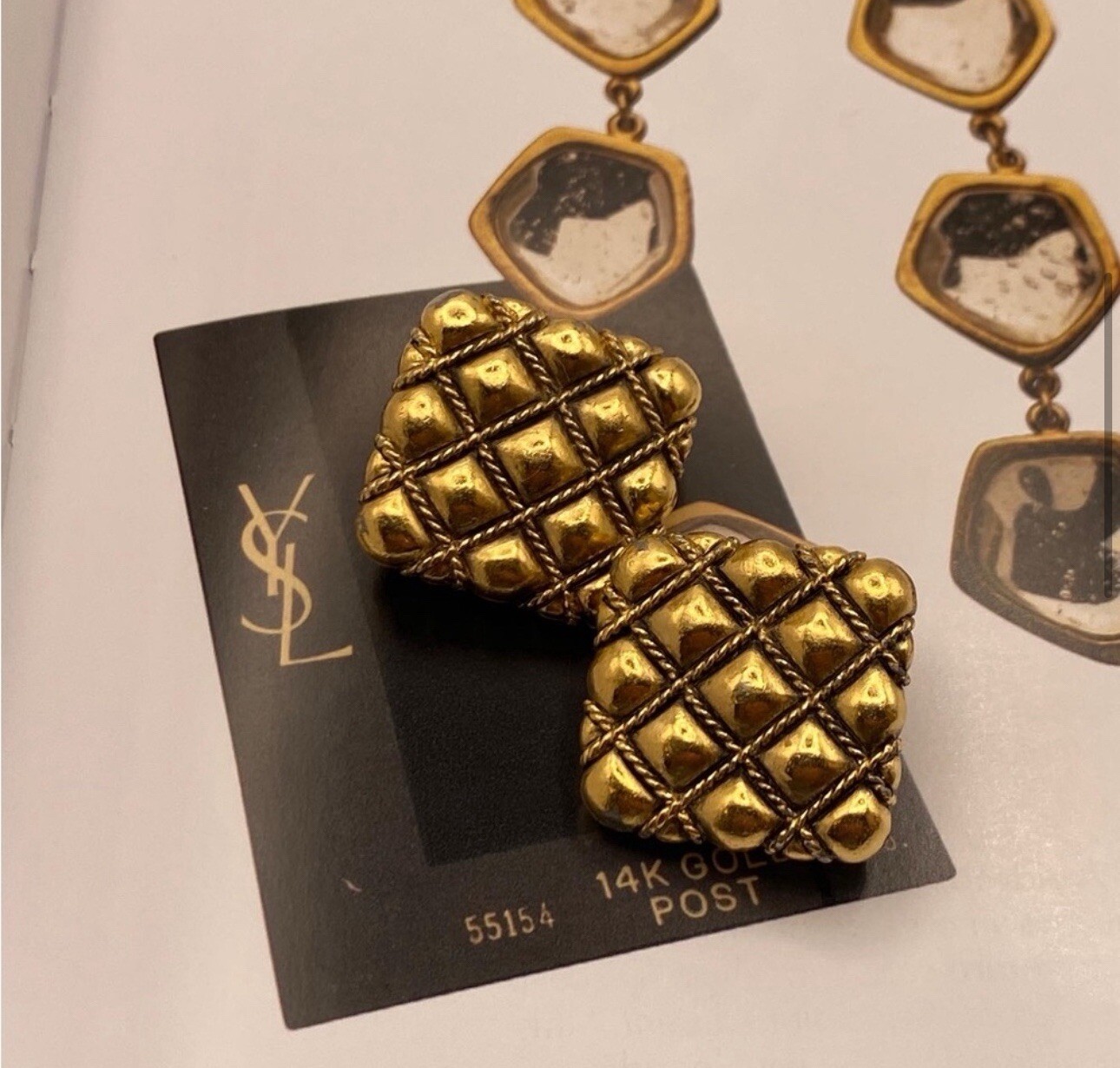 Vintage YSL Yves Saint Laurent Quilted Clip On with Post Earrings Gold #793