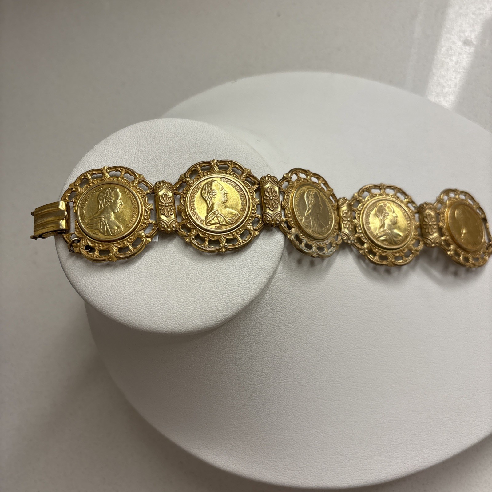 Miriam Haskell Vintage Gold Plated Coin Bracelet—Queen Of Australia—Statement!