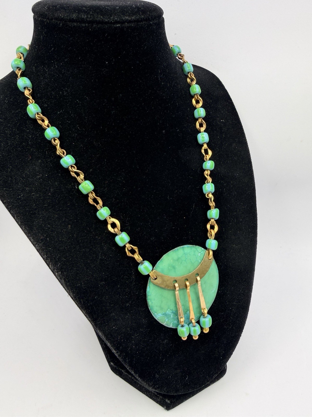 Vintage Oxidized Green OOAK Handmade Chain Statement Collar Necklace 15” DbG Z