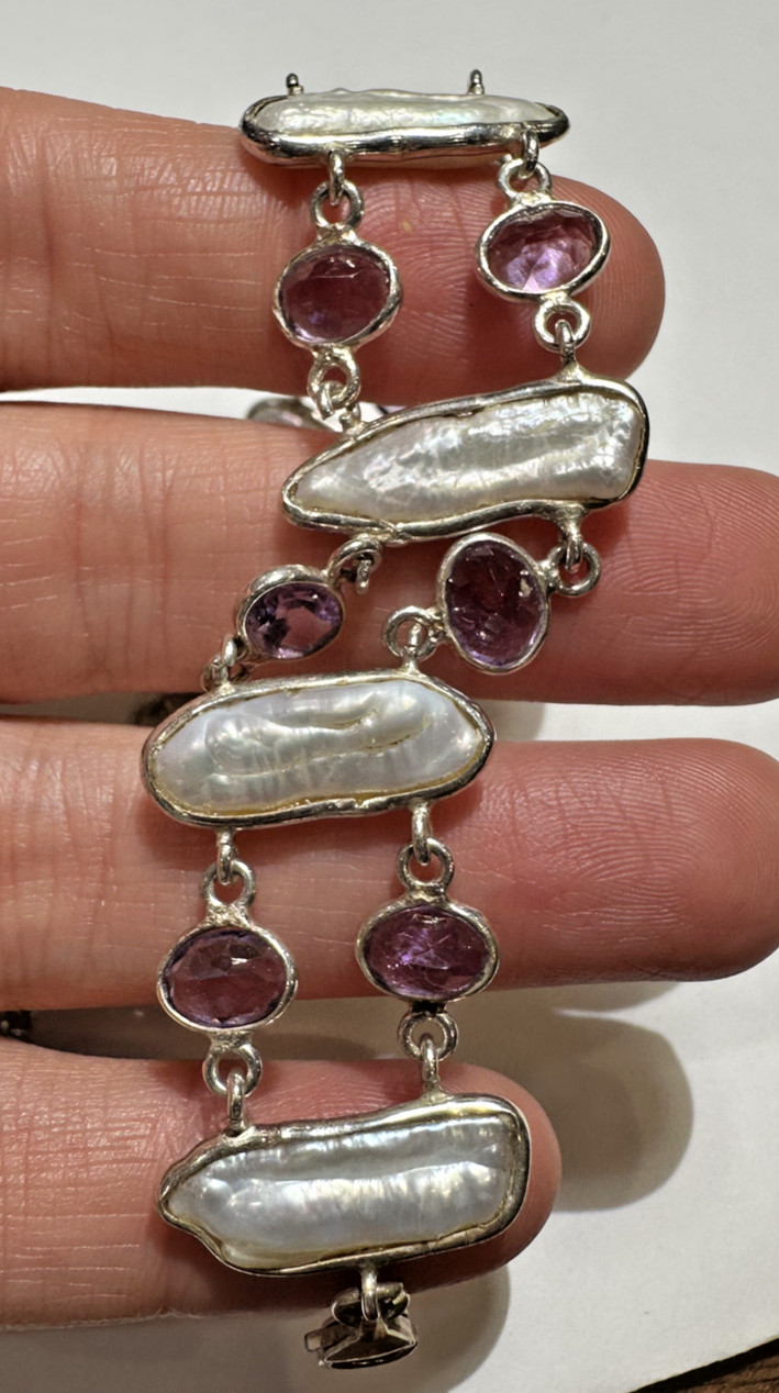 Lavender Amethyst Stone 6″ -7″ White Pearl Beads Silver Vintage 14.3g Bracelet