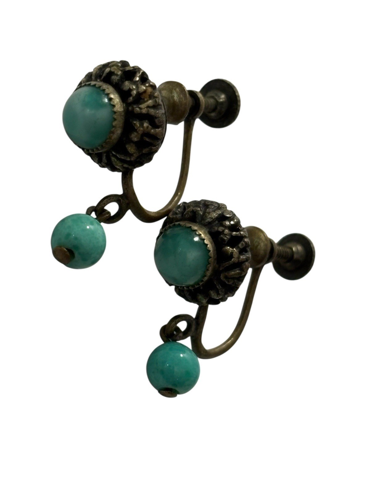 Vintage Marbled Teal Earrings Brass Tone Beaded Plastic Screw Back Dangle MCM
