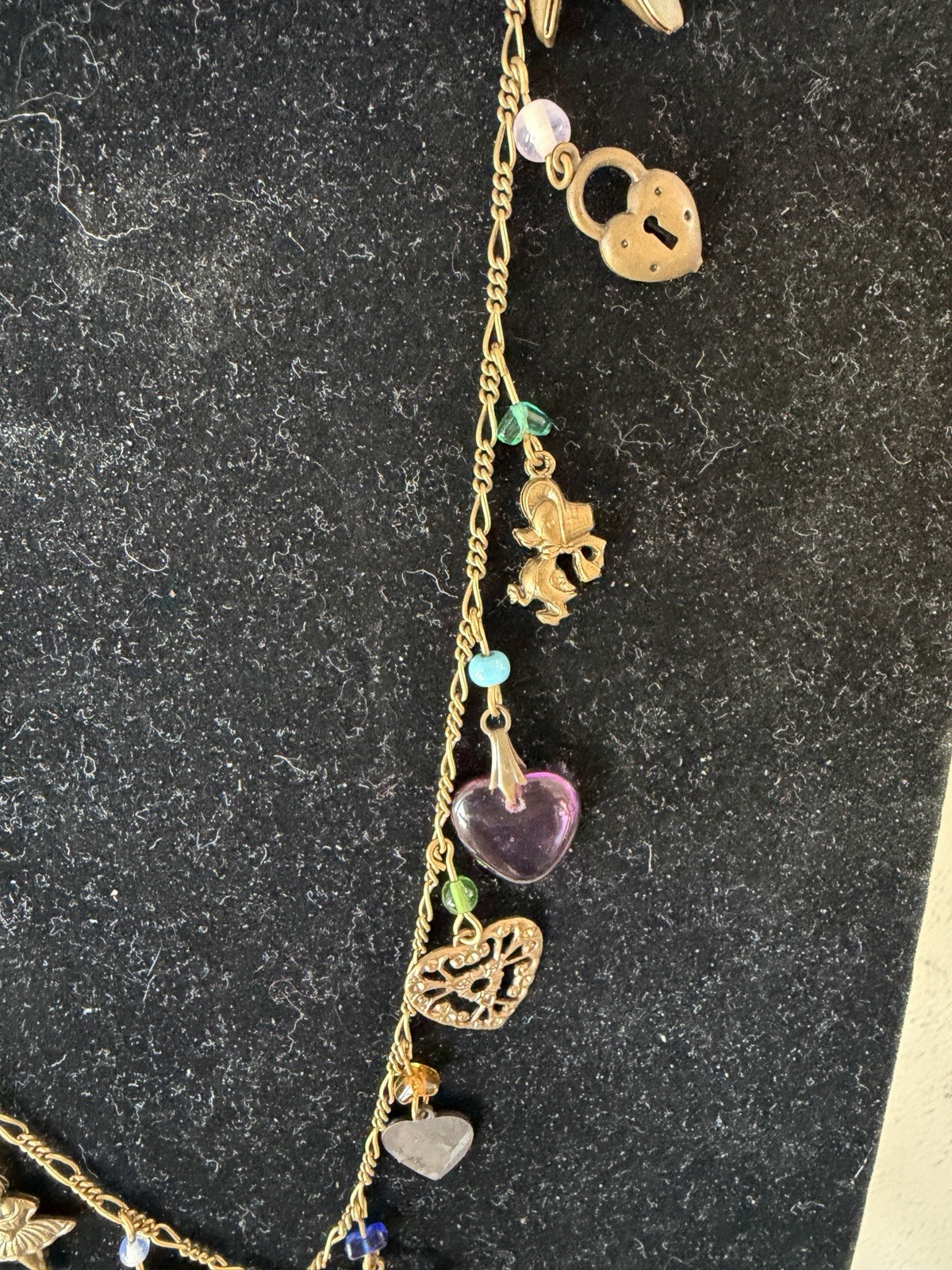 Vintage Signed Glassworks Studio Multi Charm Love Luck Fun Heart 28″ Necklace