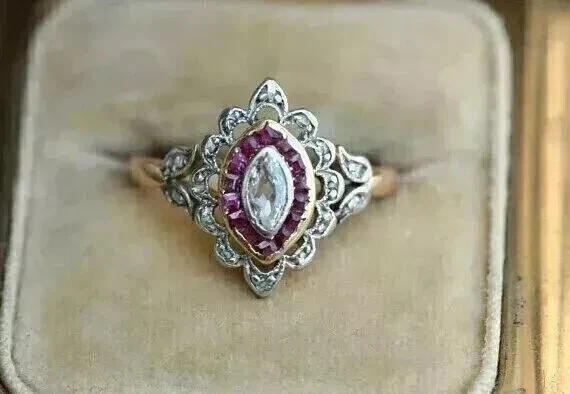 Art Deco Style Marquise Cut Lab Created Diamond 14K Yellow Gold FN Birthday Ring