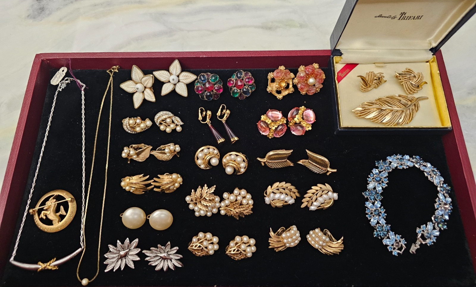 Vintage Trifari Gold & Silver Tone Lot of 22 Earrings Bracelet Pins Necklaces