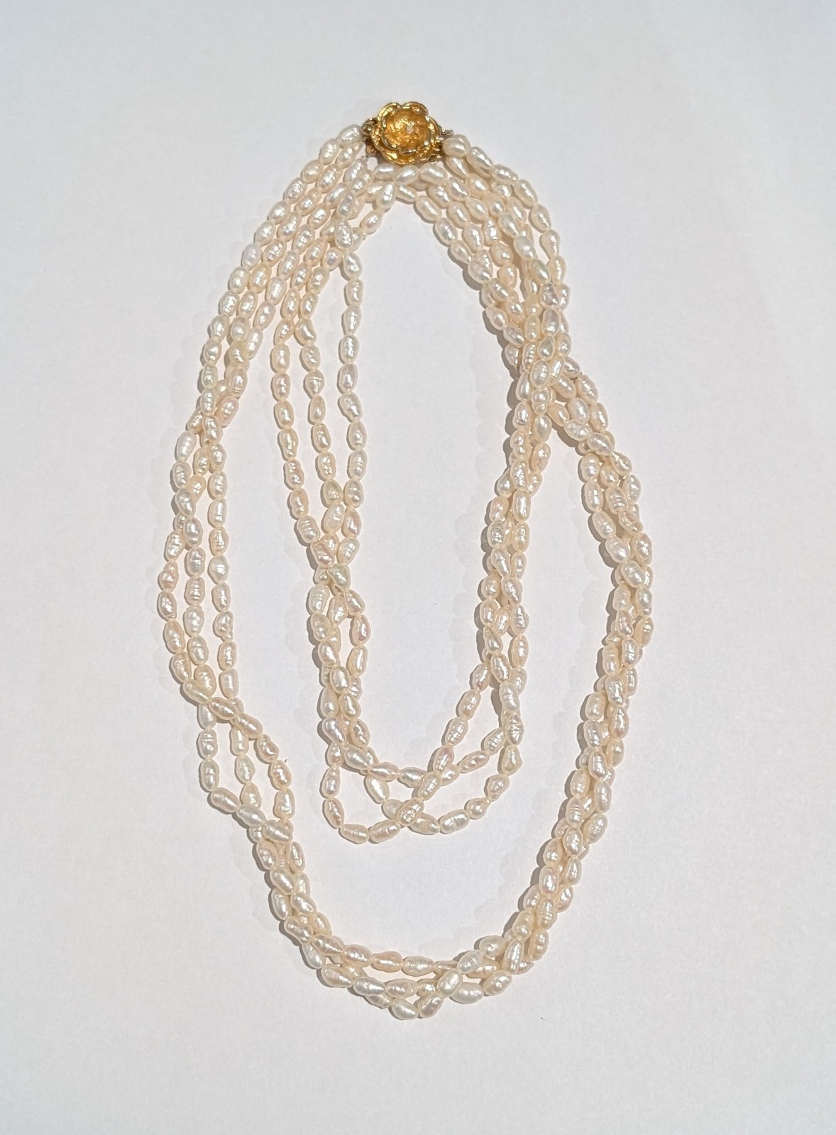 Vtg Gold Plated Rose Genuine 4-7mm Freshwater Pearls Triple Strand 33″ Necklace