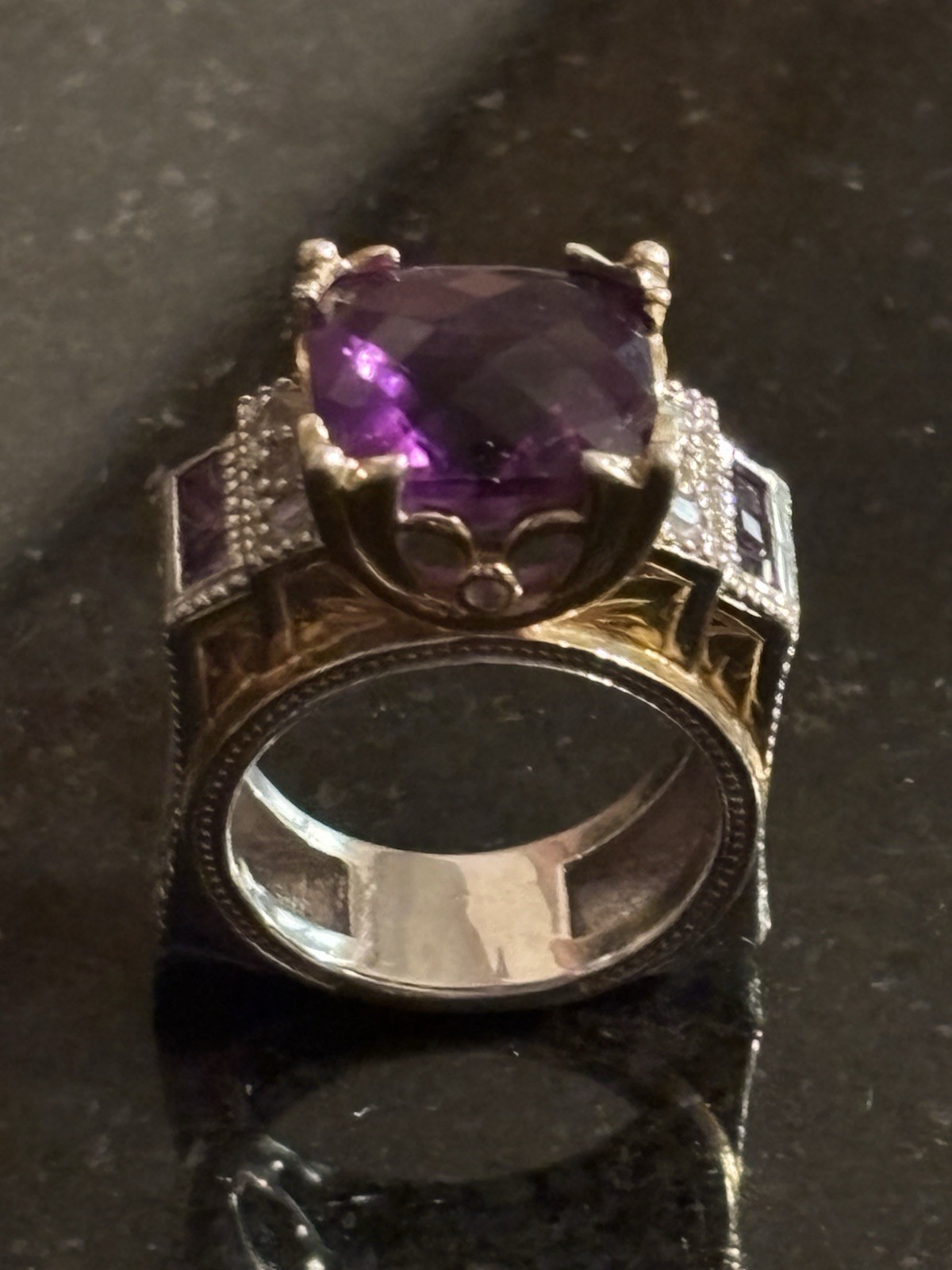 Vintage Chunky Square Two-tone 925 Sterling Silver Amethyst Cocktail Ring sz 6.5