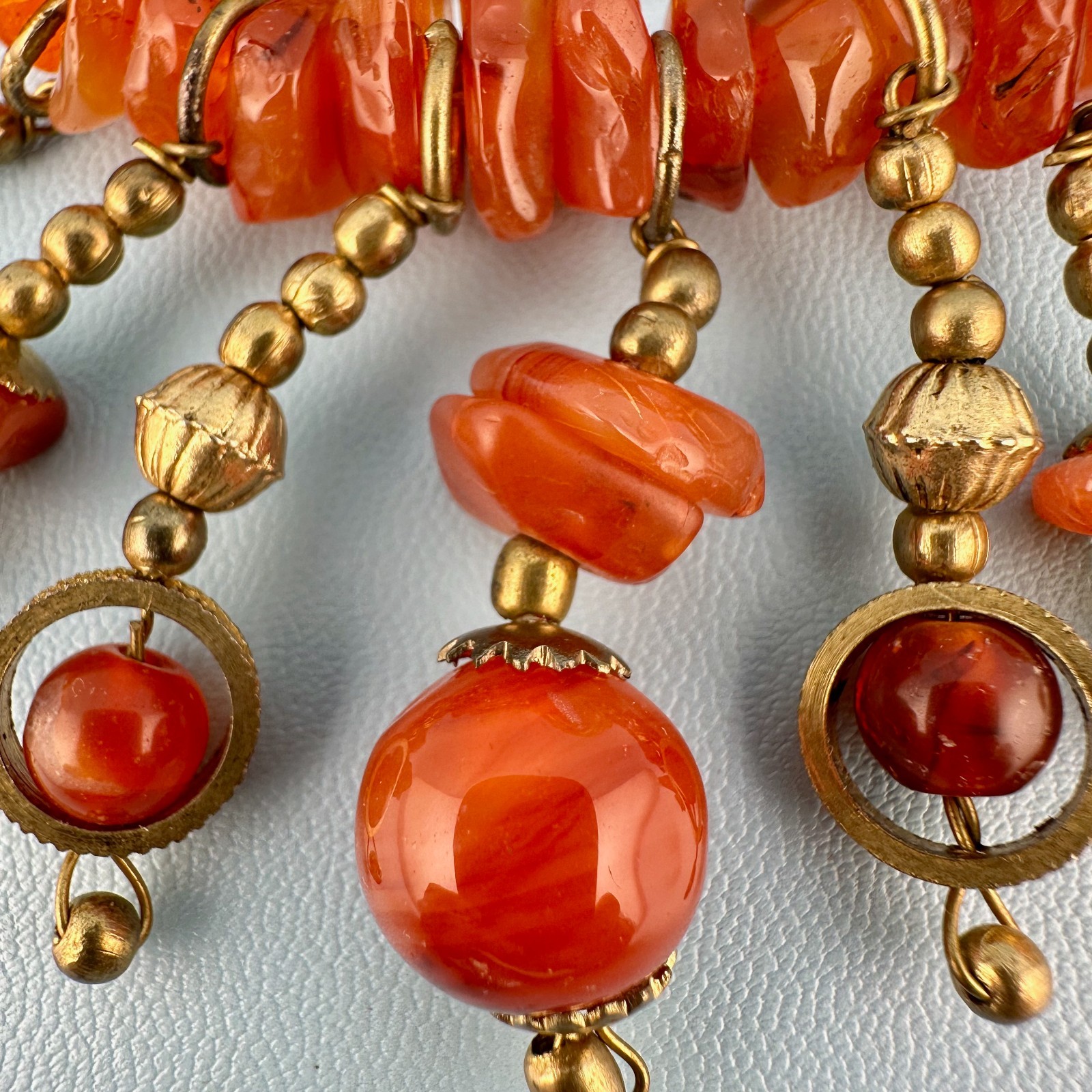 Vintage Bar Brooch Gold Tone Dangle Chains Carnelian Stone Beads Boho India