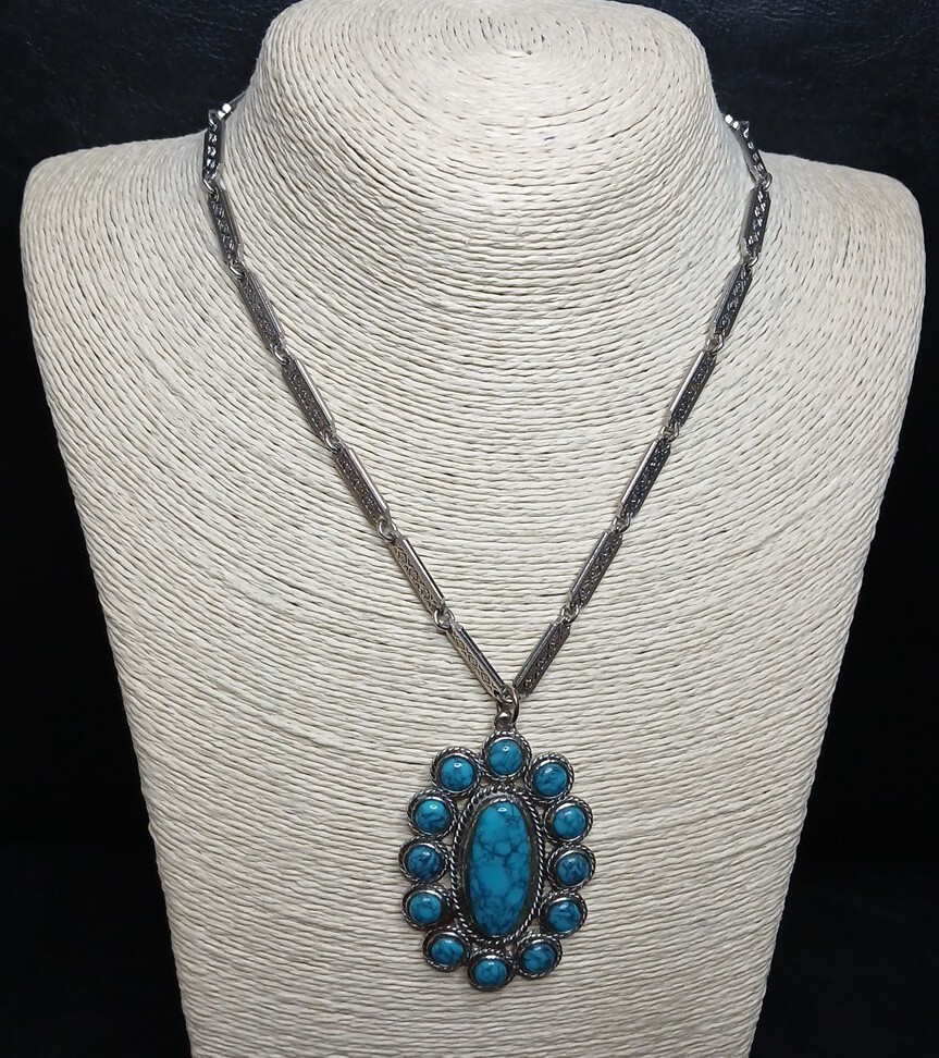 Vintage Necklace/Pendent Faux Turquoise Cabochons Tribal Signs On Back. 10973