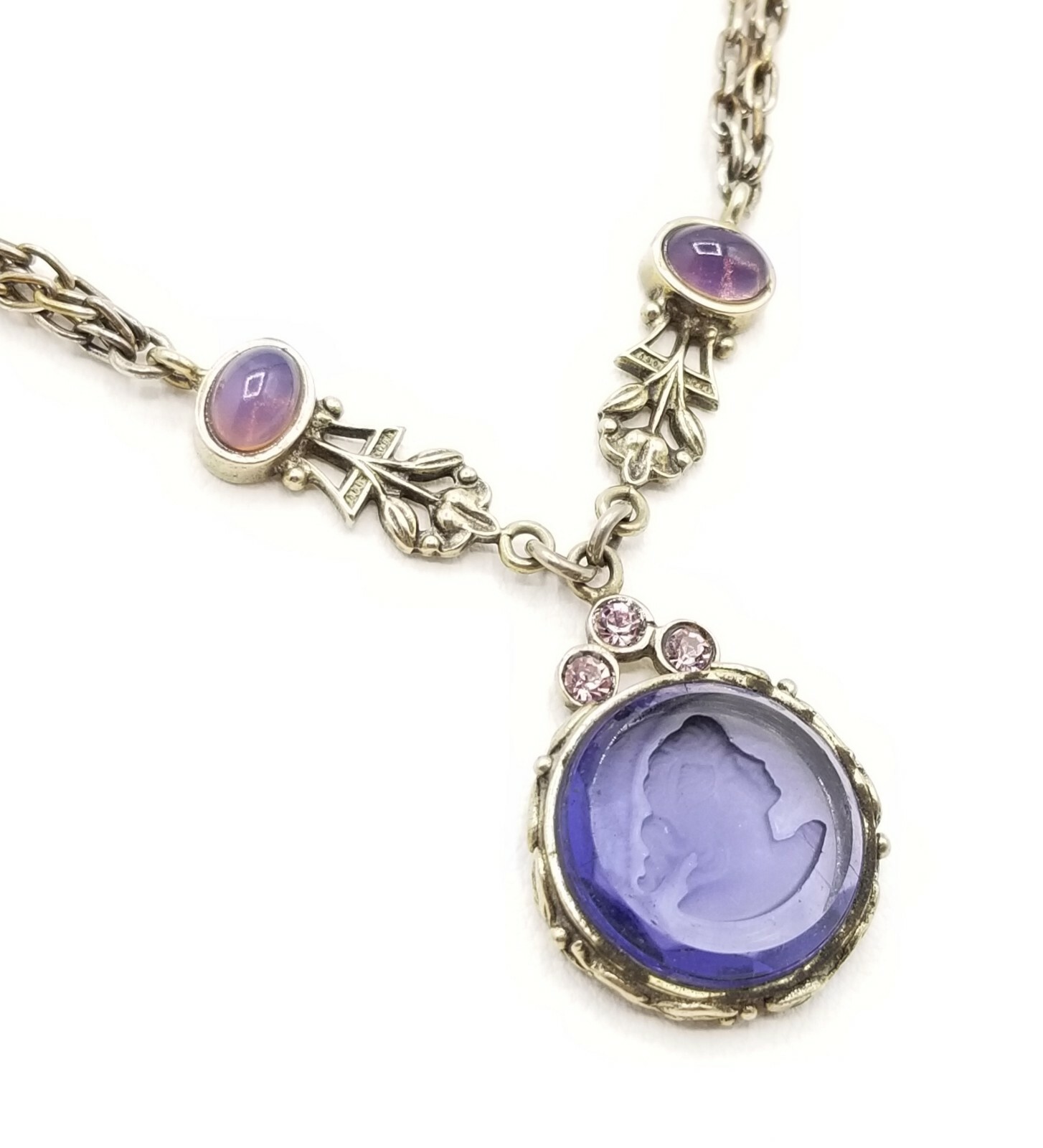 Vtg Purple Intaglio Lady Cameo Pendant Choker Necklace Purple Cabochon Jewelry