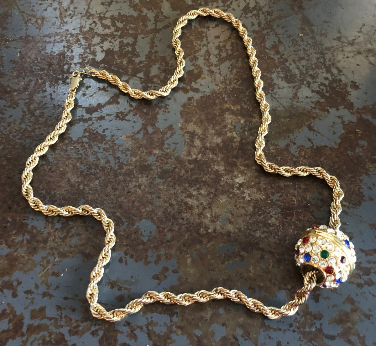 Vtg 24″ Gold Tone Rope Chain with Rhinestone Ball Slide Necklace Marked 24K GB