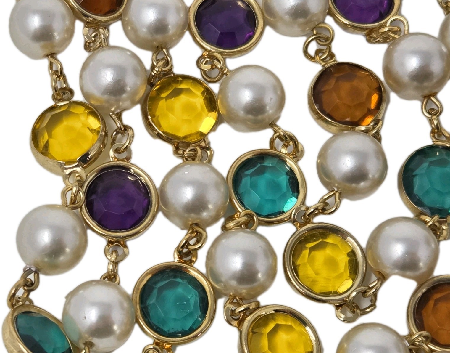 Faux Pearl & Multicolor Bezel Set Acrylic Crystal Necklace 35 Inches Vintage