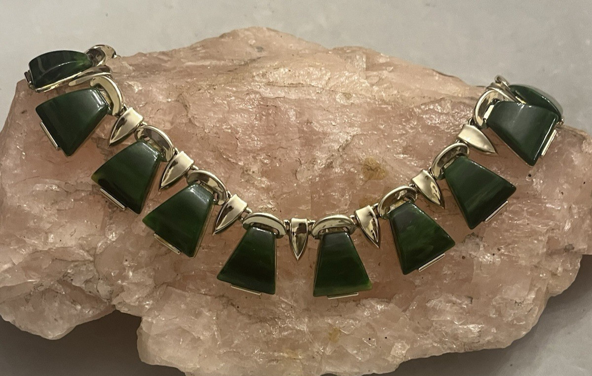 Vintage CHAREL Spinach Green Bakelite, Egyptian Revival, Necklace, Simi Tested!