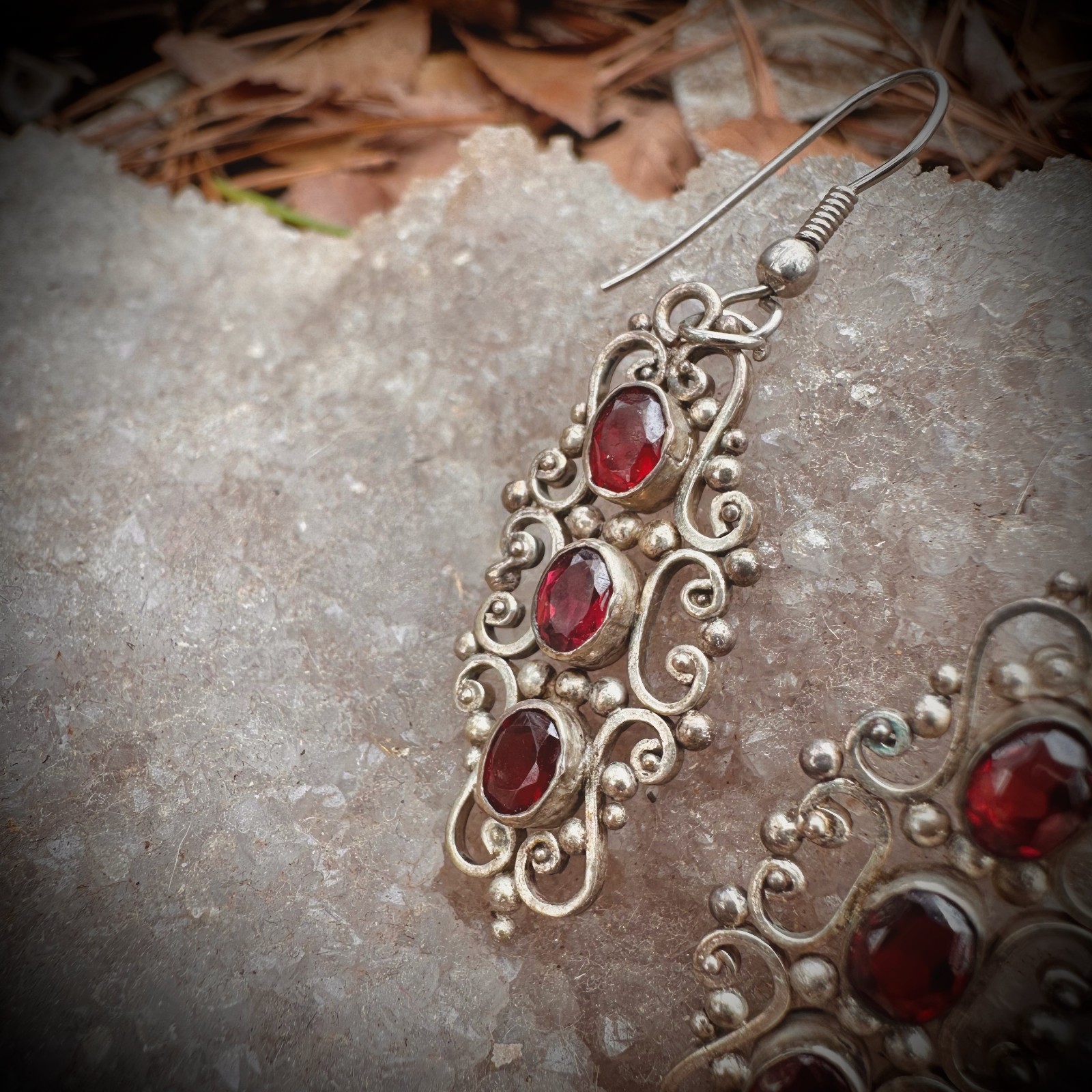 Vintage Sterling Silver 925 Dangle & Filagree Earrings With Red Colored Stone
