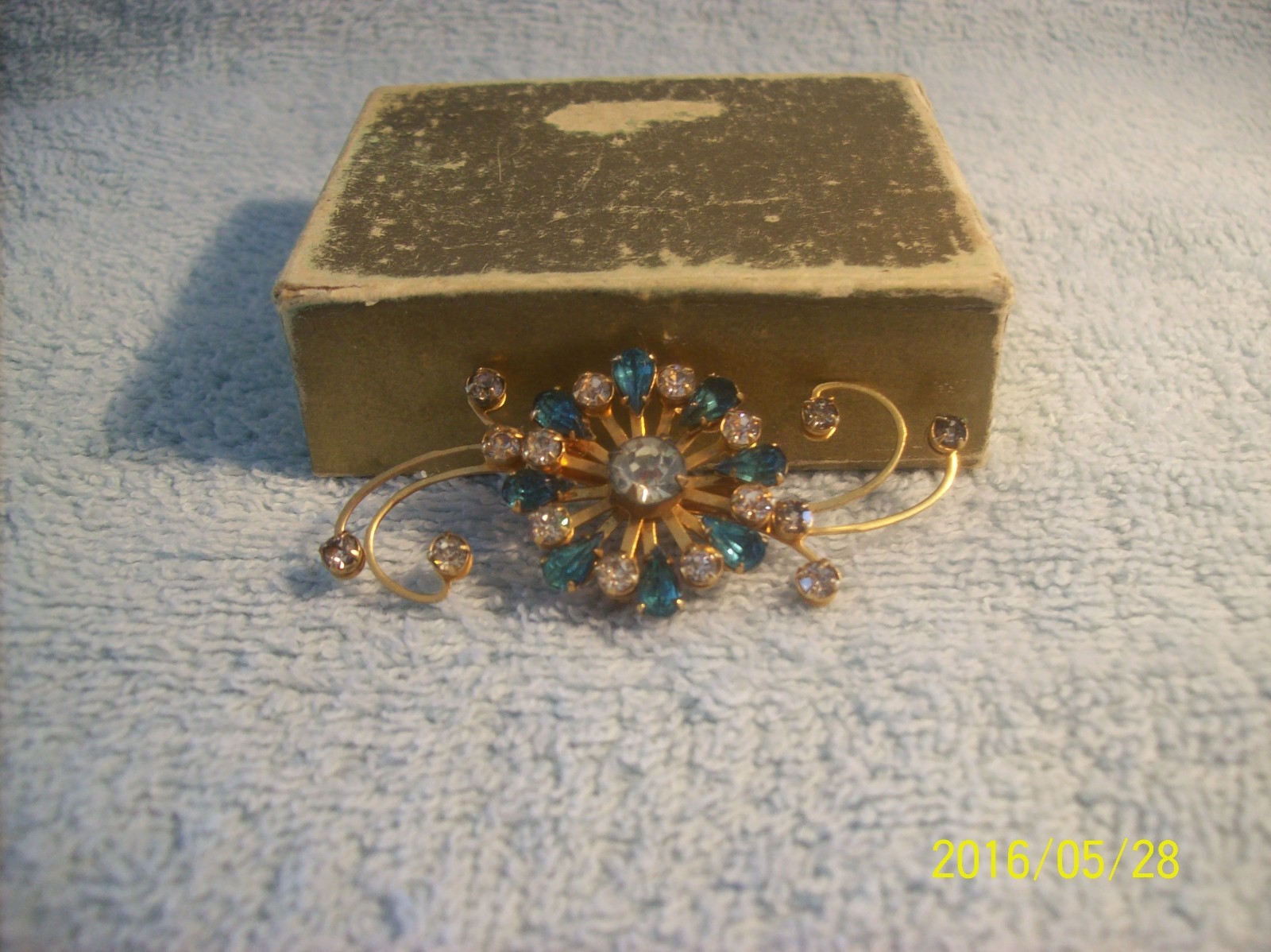 B.N. Signed Vintage Sapphire Blue Rhinestone Earring & Unsigned Brooch