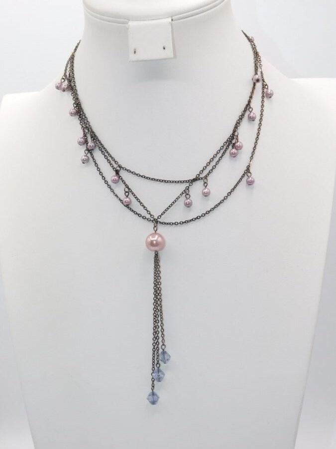 B425-VINTAGE NECKLACE~BLACK CHAINS/FAUX PEARLS/PINK/LAVENDER BEADS~16″-17.5″