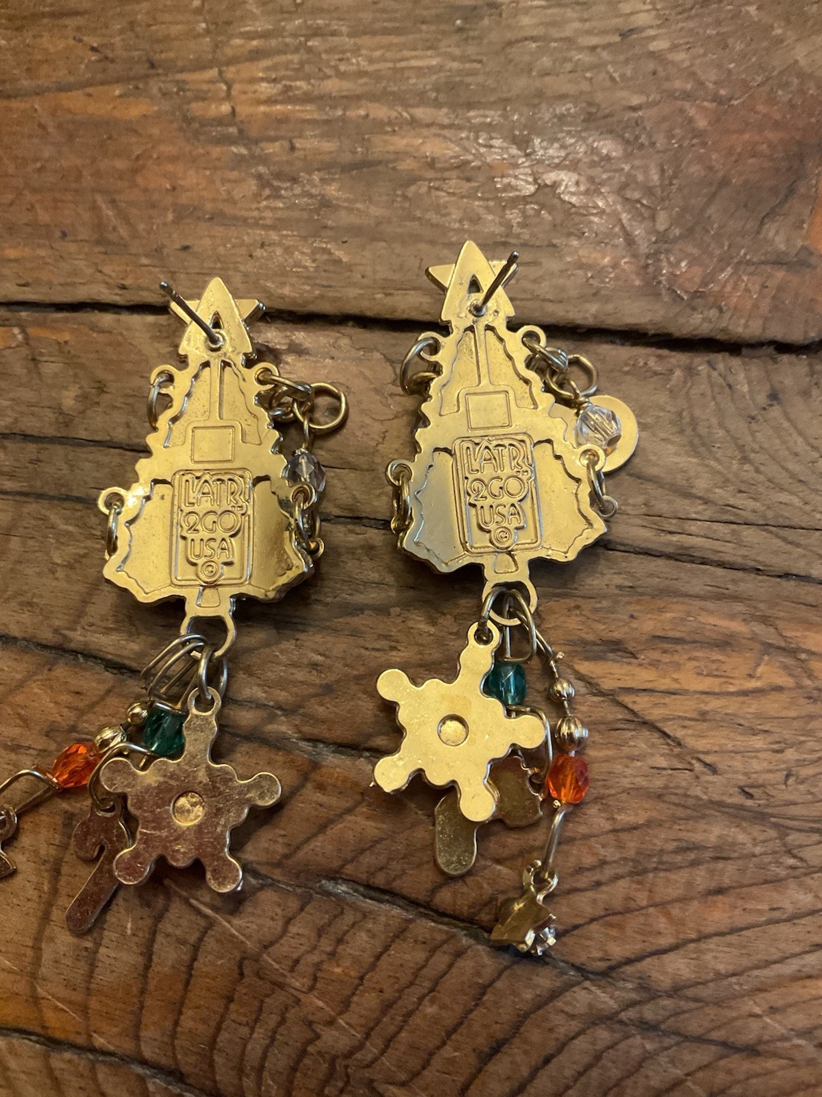 Lunch at the Ritz Christmas Tree Earrings Dangling Ornaments Gold Plated Pierced