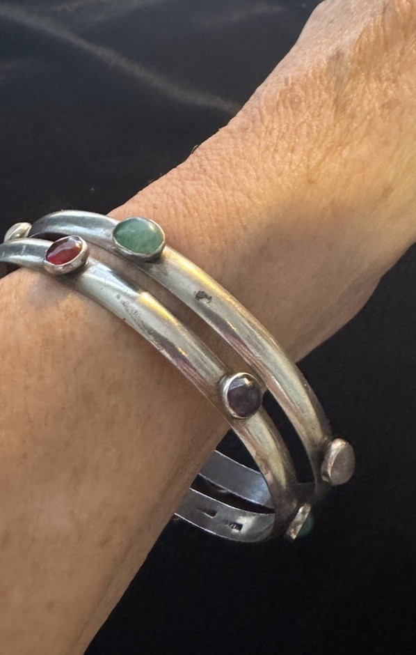 Vintage Handmade Sterling Silver Bangle Bracelets MultiStone Tulla Booth @ 1980