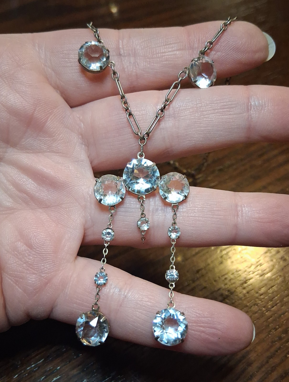 Antique Art Deco Sterling Rock Crystal(?) Necklace 19″ INCOMPLETE See Pics/Desc