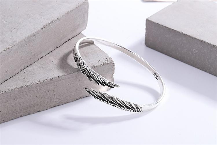 Retro Feather 925 Sterling Silver Open Bracelet, Thai Style Trendy Wings Design