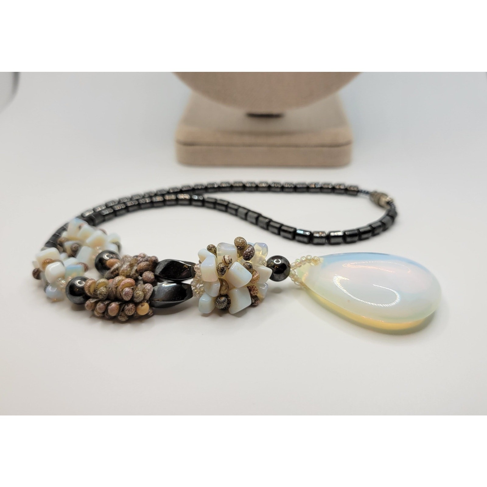 Moonstone Hematite Necklace Faux Opalite Pendant Tiny Shells Seed Bead Vintage