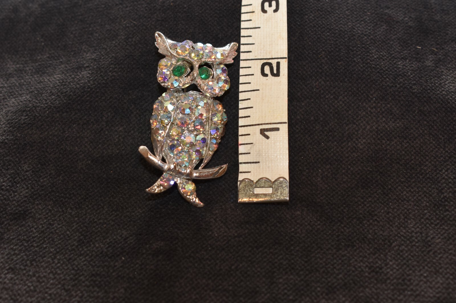 Vintage Aurora Borealis Rhinestone Owl Brooch Pin