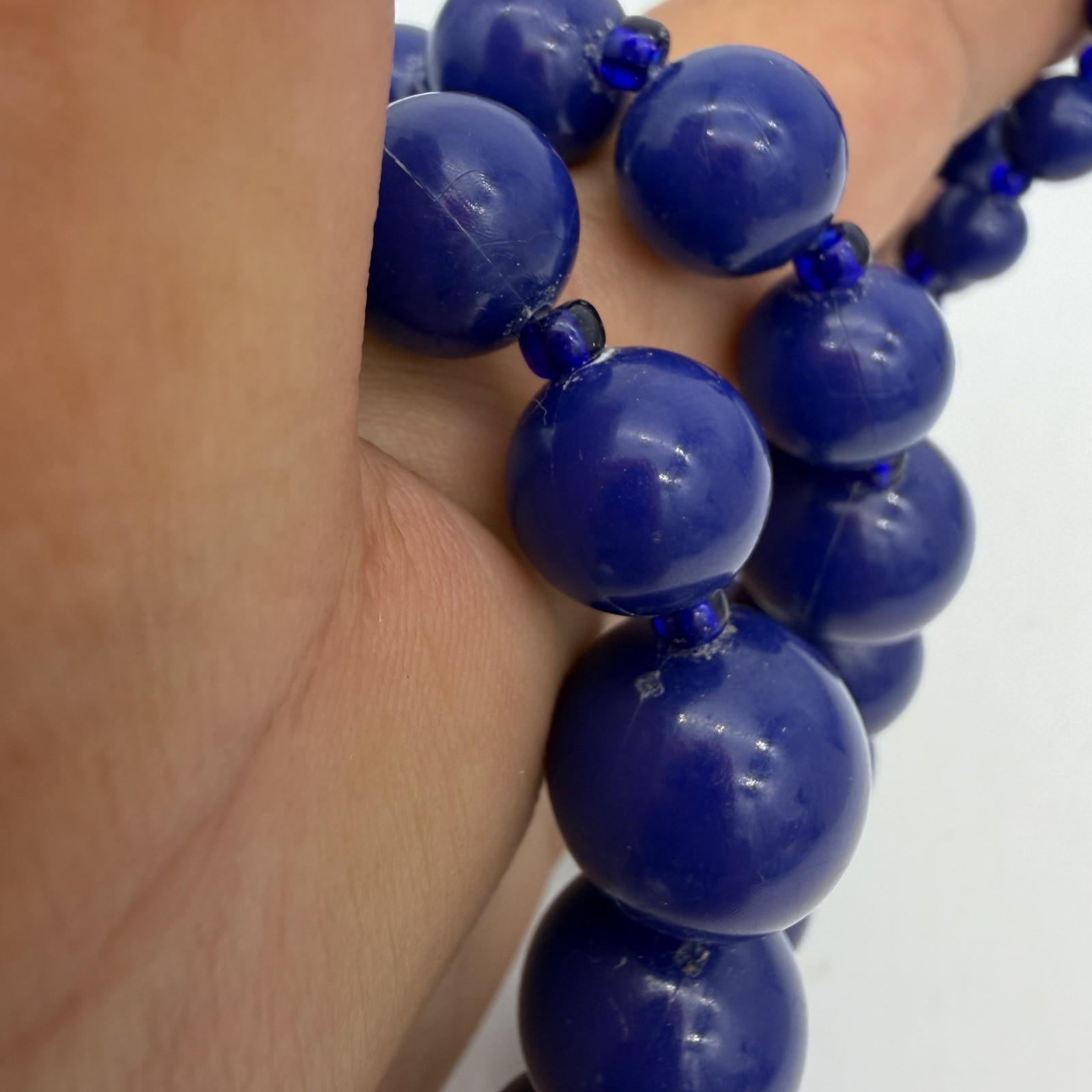 Vintage Lapis Blue Plastic Bead Necklace Large Round Graduated Estate