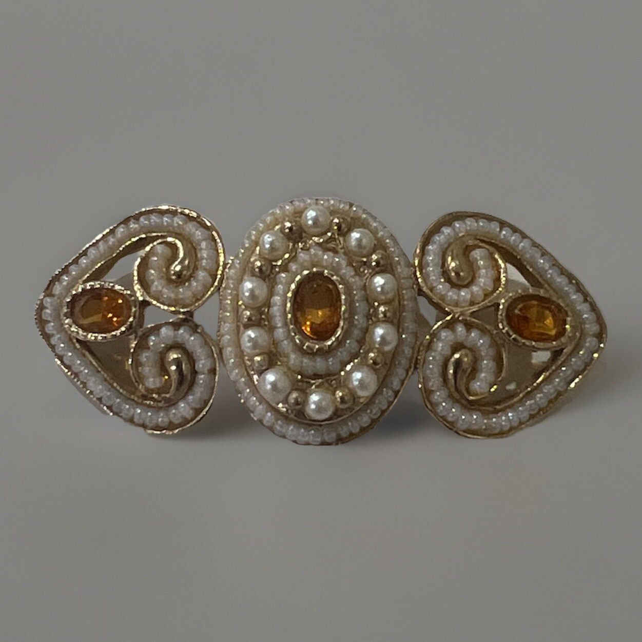 Amber Colored Brooch Crystal Gold Toned Faux Pearl Quality Vintage MCM
