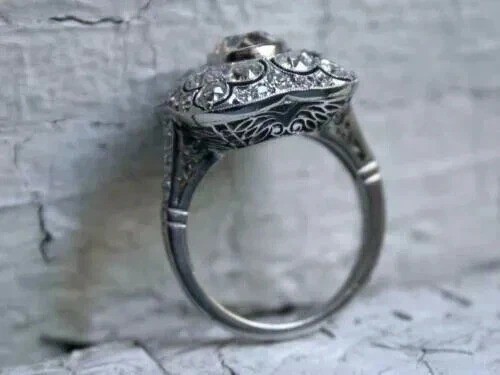 Vintage Style Art Deco 3Ct Round Lab Created Diamond 14K White Gold Plated Ring