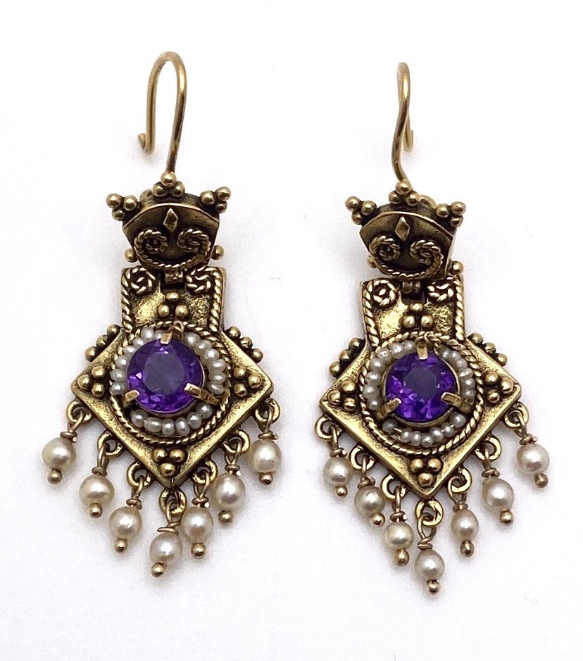 14k Gold Victorian Pearl And Amethyst Dangle Earrings
