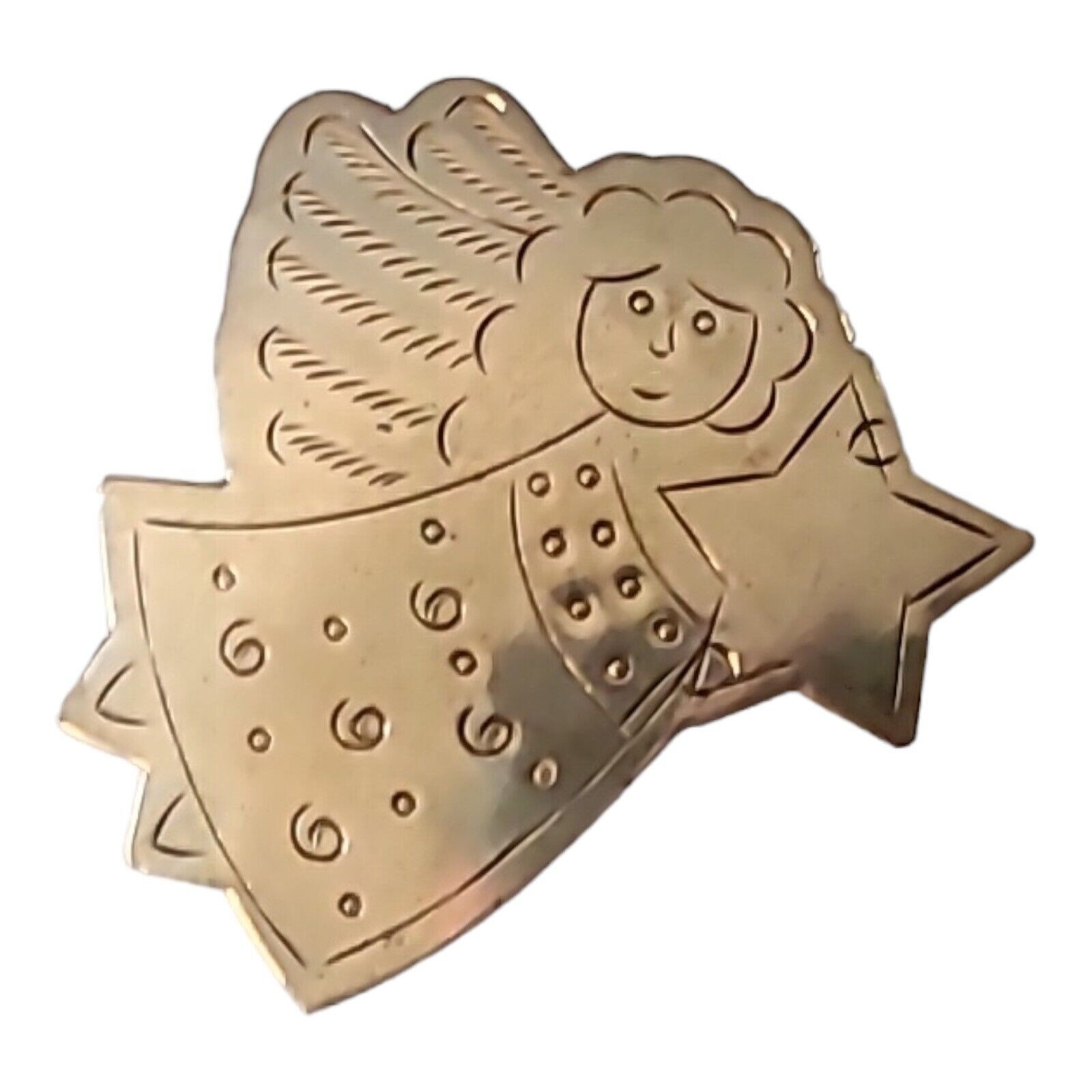 Silver Tone Etched Angel Holding Star Metal Christmas Brooch Pin 2″