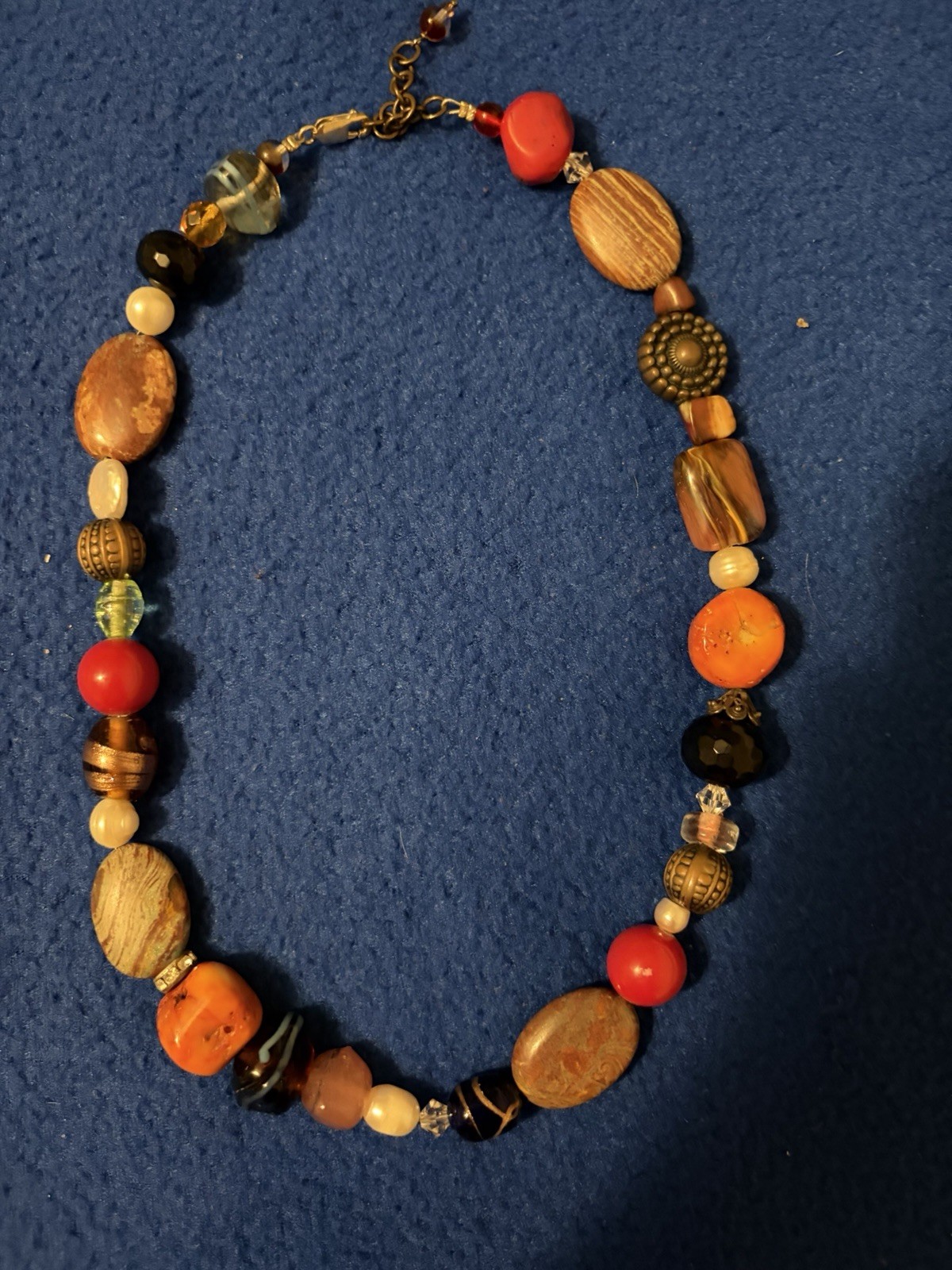 Vintage Semi Precious Gemstones Beaded Necklace With Freshwater Pearls 20”